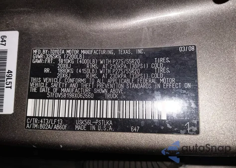 2008 Toyota Tundra Limited 5.7L V8 z USA, uszkodzony, nr VIN 5TFDV58198X062660